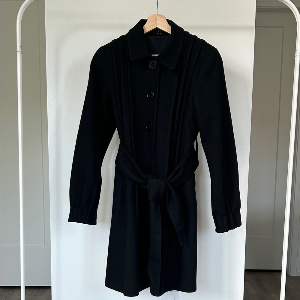 Theory Black Wool-Blend Coat with Pleating Details US Medium